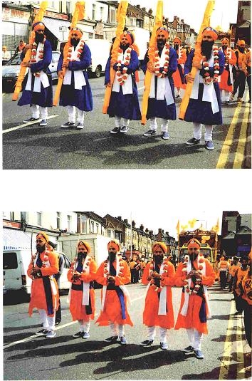 ‘Panj Piaray’ leading the Vaisakhi celebratory procession in an East London Street
